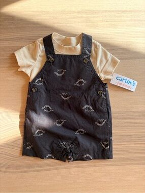 Carter's Black Dinosaur Shortall with Cream Tee Set
